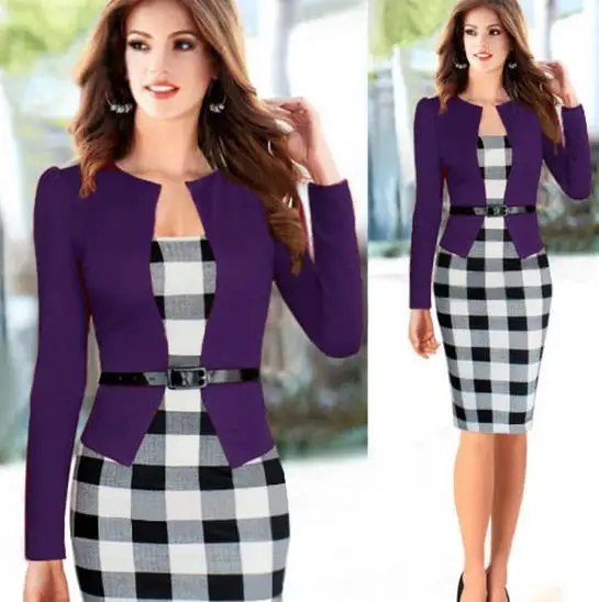 Womens Elegant Pencil Dress Patchwork Solid font b Tartan b font Check Plaid Wear to Work