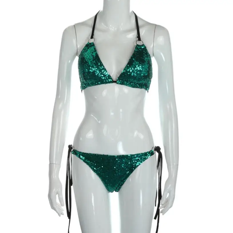 Новинка Бикини 1 комплект новейший женский бюстгальтер с блестками комплект бикини пуш-ап Пляжная одежда для купания купальник бикини - Цвет: Green