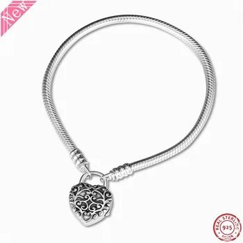 

Real 925 Sterling Silver MOMENTS Smooth Regal Heart Padlock Clasp Bracelets for Women Jewelry Embossed with Ornate Swirls FLB060