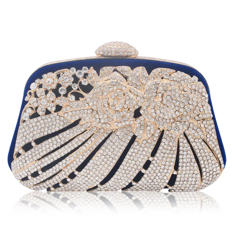 Стиль металлик выдалбливают кристалл Цветочный для женщин вечерняя сумочка клатч Свадебные Стразы Knucklebox Кошелек Сумочка - Цвет: blue