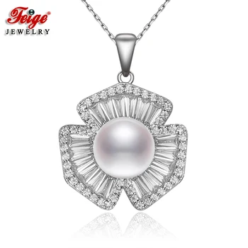 

FEIGE Luxury 925 Sterling Silver Inlay Cubic Zirconia Necklaces & Pendants for Women 9-10MM White Freshwater Pearl Necklace Gift