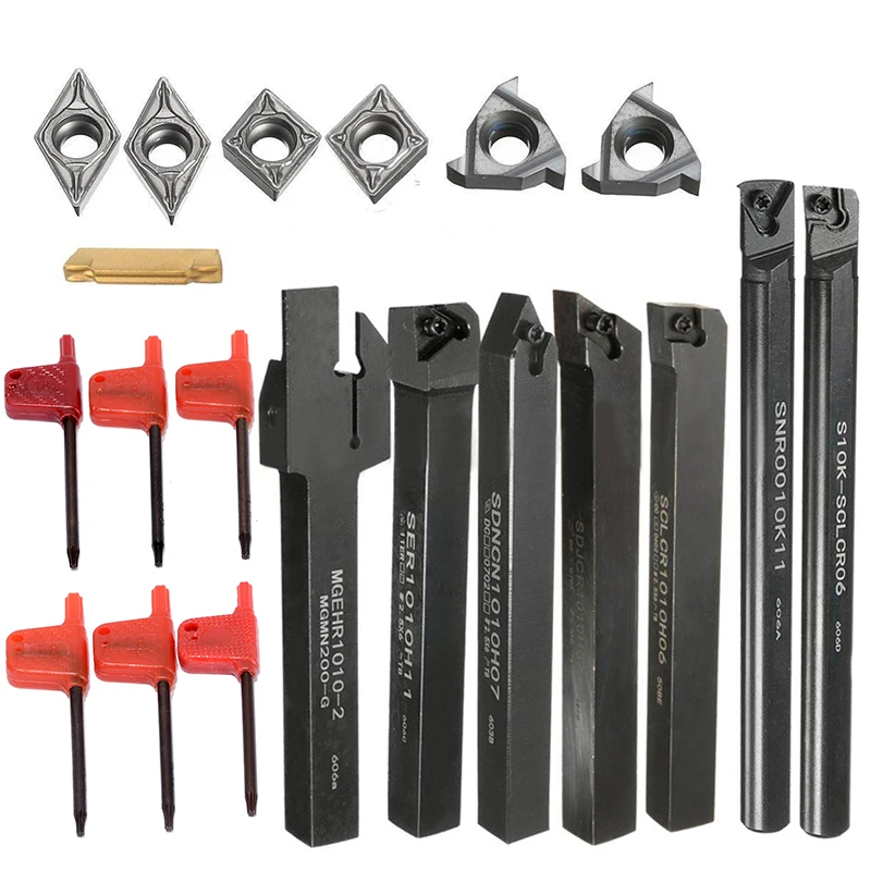 7Pcs Lathe Turning Tool Holder Boring Bar+ 7Pcs DCMT/CCMT Carbide Inserts Blade+ 7Pcs Wrenches For Lathe Turning Tools