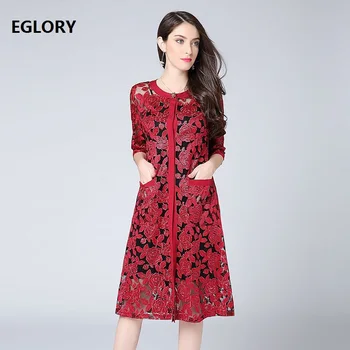 

European New Style Spring Summer 2018 Women Allover Lurex Floral Embroidery Big Pocket Elegant 50s 60s Dress Female Big Size