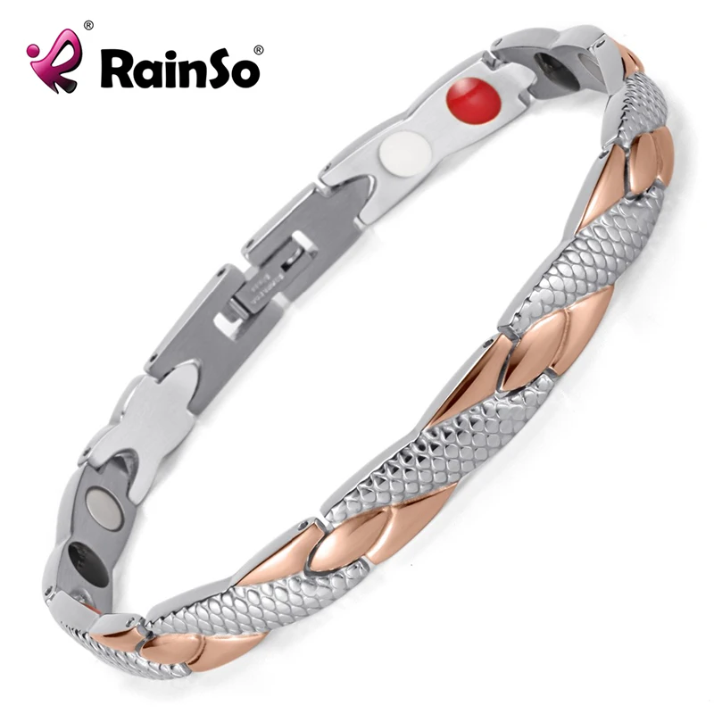 Günstige Rainso Edelstahl Magnetische Armbänder Armreifen Healing Bio Charme Armbänder Für Frauen Rose Gold Poliert OSB 692SRGFIR