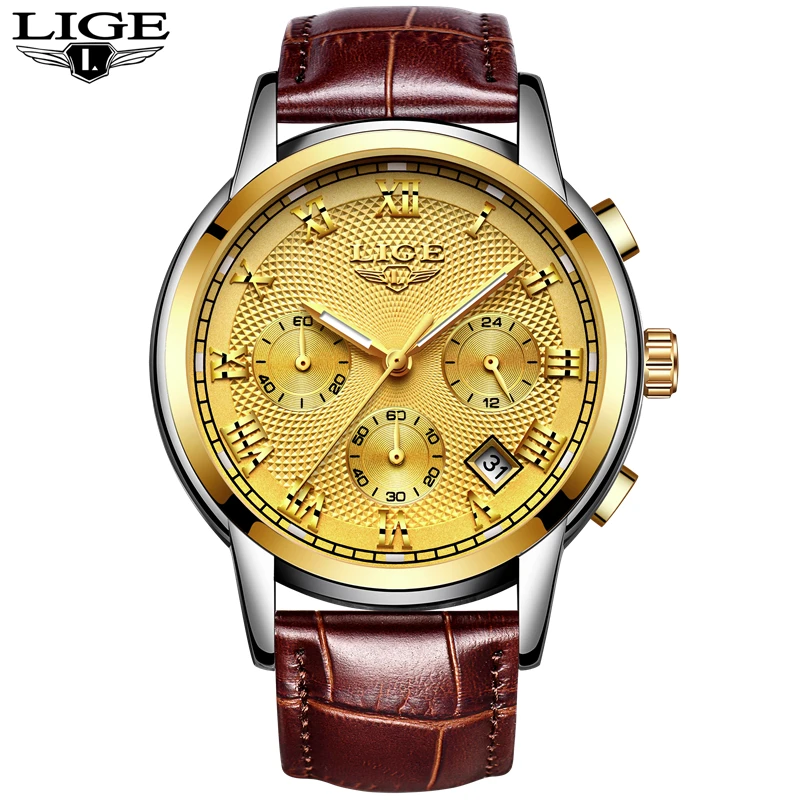

LIGE Men's Watches Fashion Brand Chronograph Quartz Watch Men Leather Casual Military Sport Wrist Watch Gold Relogio Masculino