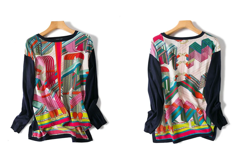 Женская блуза из шелковой Лоскутной Ткани с принтом, простая трикотажная одежда с круглым вырезом и длинными рукавами, плиссированный подол, повседневный Топ, новая мода