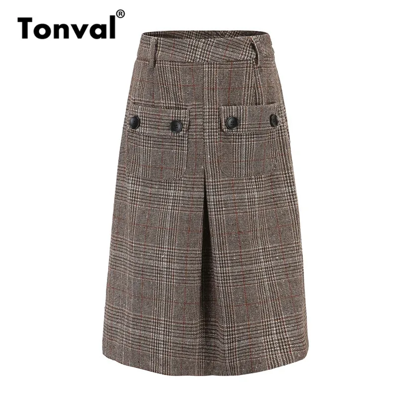 Tonval для женщин офисные женские туфли плед вязать твид миди юбка середины талии карманы зимние юбки для s 2019 трапециевидной