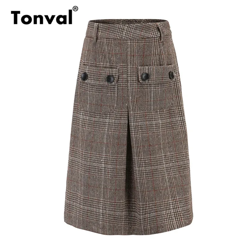 

Tonval Women Office Lady Plaid Knit Tweed Midi Skirt Mid Waist Pockets Winter Skirts Womens 2019 A Line School Skirt