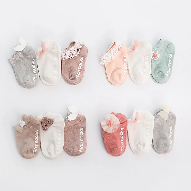 3 пар/лот; носки для малышей; весенние нескользящие носки для новорожденных с милым украшением; носки для новорожденных с резиновой подошвой