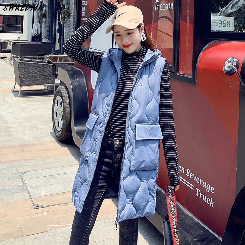 

SWREDMI Women Winter Vest 2019 New Slim Fashion Long Waistcoat Female Plus Size 3XL Sleeveless Jacket Coat Hooded Gilet