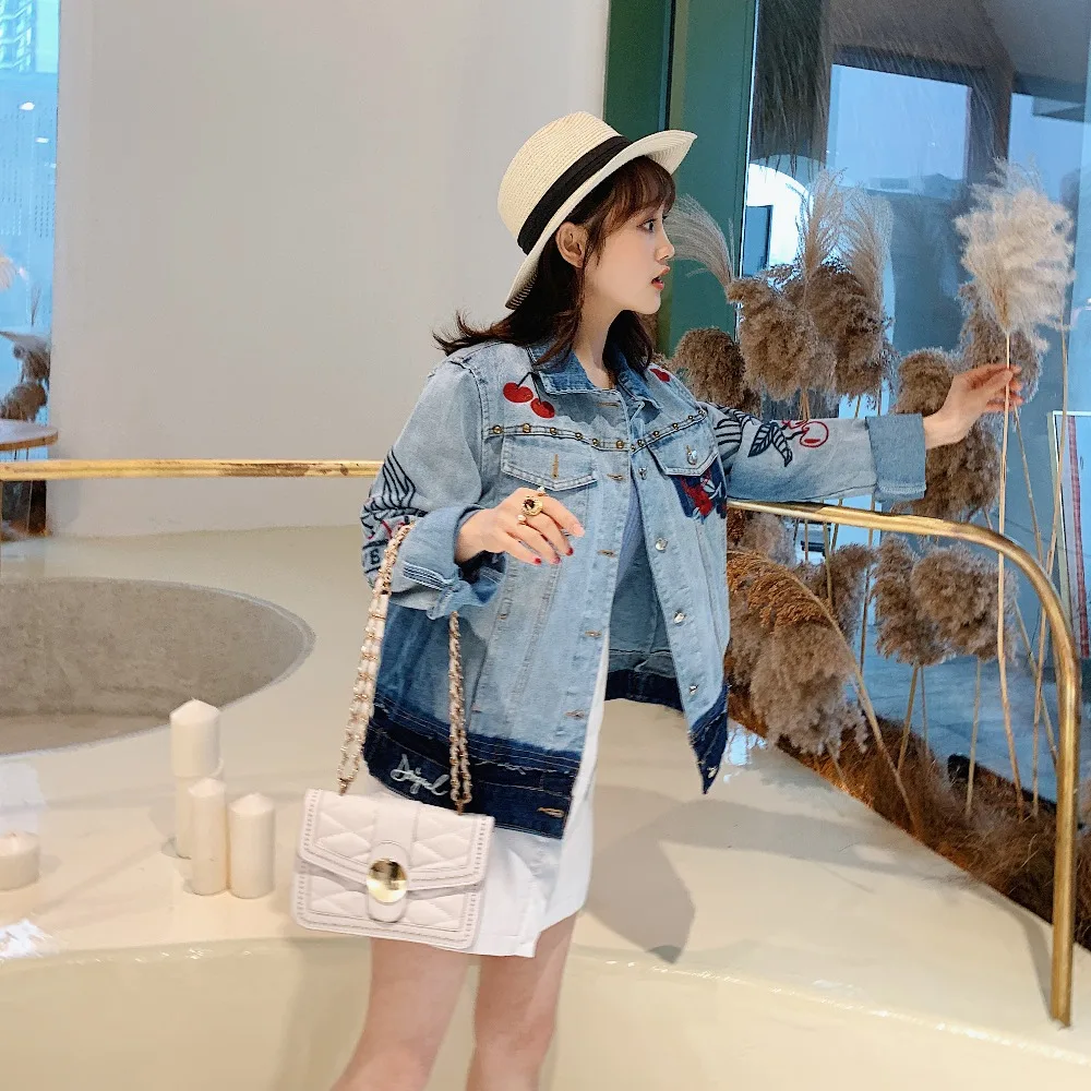 

Denim Jacket Women Vintage Design Casual Spliced Hole Jeans Coat Spring Autumn Embroidery