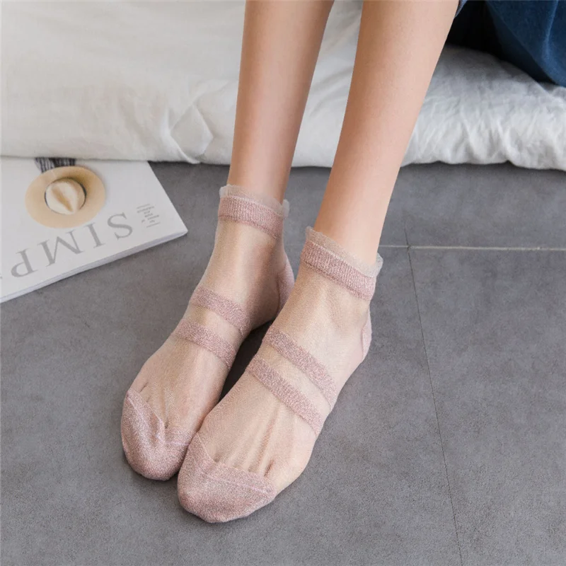 

Fresh Lace Mesh Fishnet Socks Transparent Stretch Elasticity Funny Ankle Glass Socks Net Yarn Thin Women Cool Shiny Silk Socks