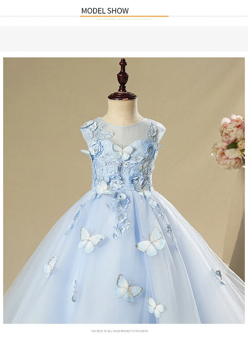 Элегантное детское свадебное платье с аппликацией бабочки; платье с цветочным узором для девочек; Длинные Пышные вечерние бальные платья для девочек; платье на выпускной; принцесса вечернее платье