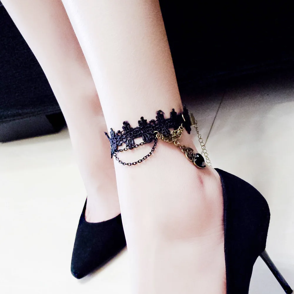 Moda gótico tatuajes negros tobilleras de con encanto de diamantes de imitación playa sandalias pies joyería tobilleras chica regalo - AliExpress Joyería accesorios