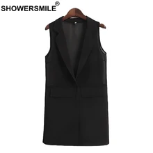 SHOWERSMILE Long Waistcoat Women Black Thin Vest Ladies Solid OL Elegant Chiffon Female Spring Summer Sleeveless Jackets 2019