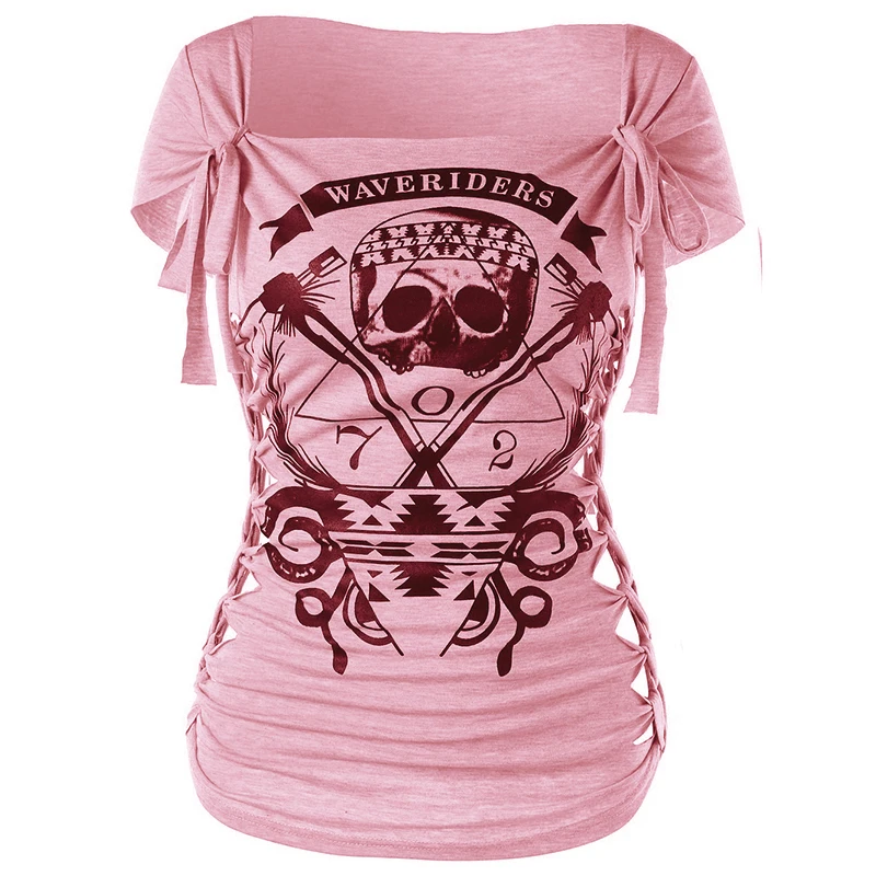 

Women Printed Skull Summer Casual Short Sleeve Tops Tees Female Square Neck Hand-knitted Knot Slim Gothic Style T-shirts SJ2571U