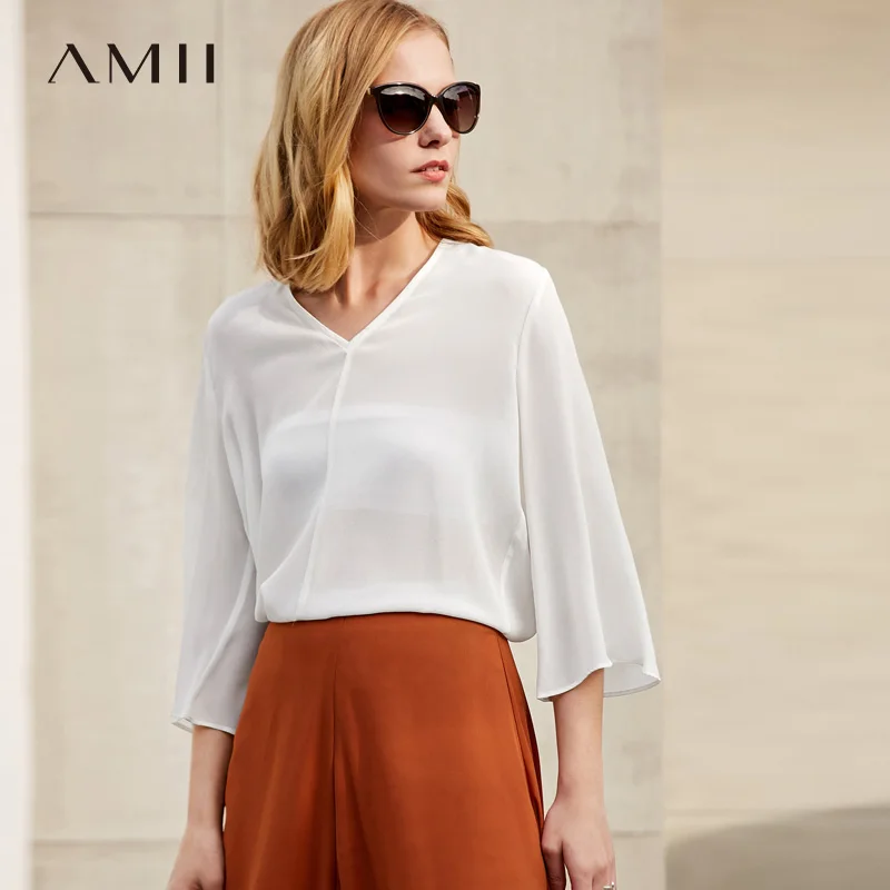 

Amii Minimalist Women 2019 Spring Blouse 100% Silk V Neck Flare Sleeve Female Chiffon Blouses Shirts