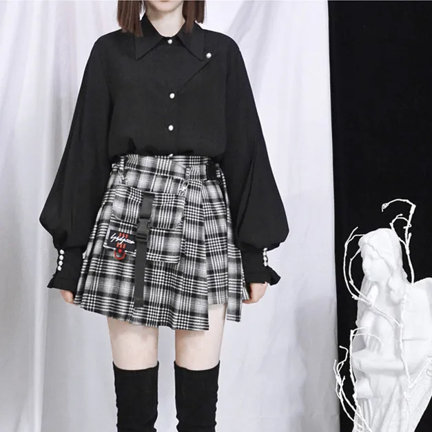 Adomoe, женские шорты с высокой талией, юбки с карманами, Япония, Harajuku, жесткая, для девушек, винтажная, в клетку, нестандартная, плиссированная, модная, мини-юбка