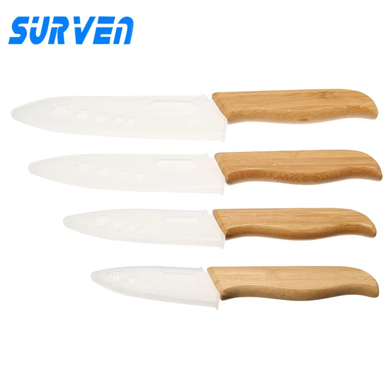 SURVEN 4pcs Zirconia Ceramic Knife Set 3 4 5 6 inch White Blade Bamboo Handle Fruit