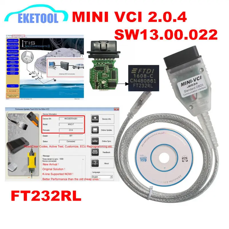 

DHL Free 10pcs/Lot MINI VCI V2.0.4 SW 13.00.022 j2534 TIS Techstream For Toyota OBDII Communication MINI-VCI FTDI FT232RL NEW