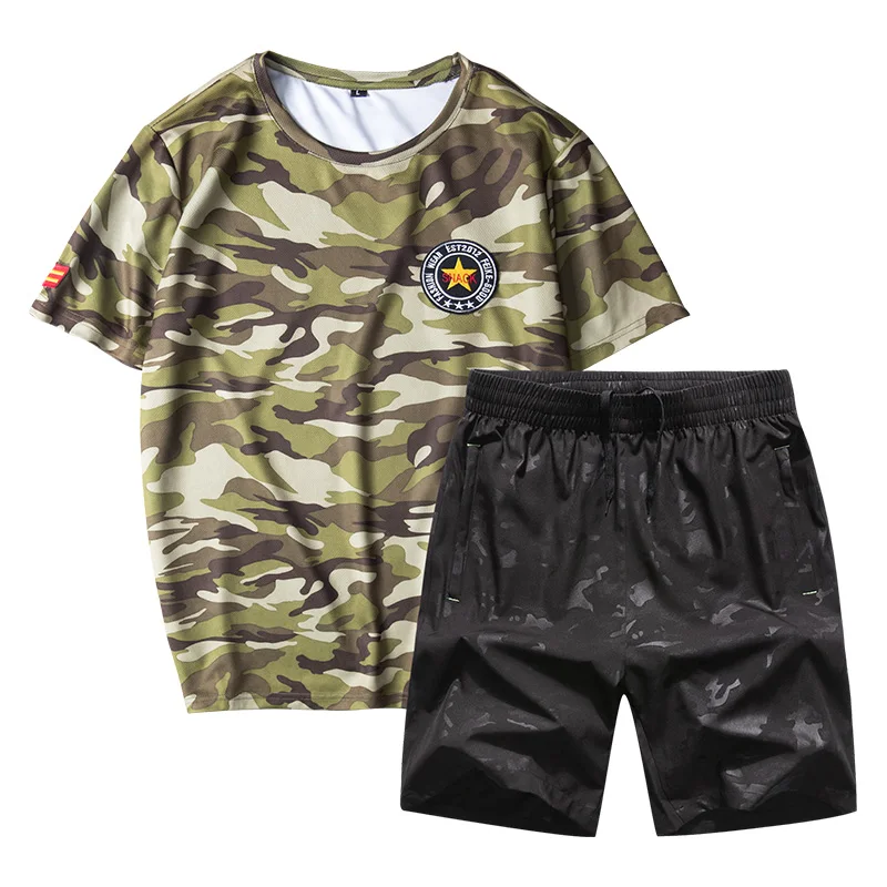 

Plus Size Two Piece Set Men Camouflage Short Sleeve T Shirt Top + Camo Shorts Breathable Beach Set T-shirt Suit Set Sportswear