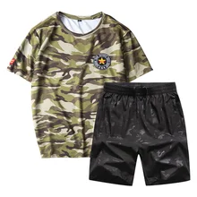 Plus Size Two Piece Set Men Camouflage Short Sleeve T Shirt Top + Camo Shorts Breathable Beach Set T-shirt Suit Set Sportswear