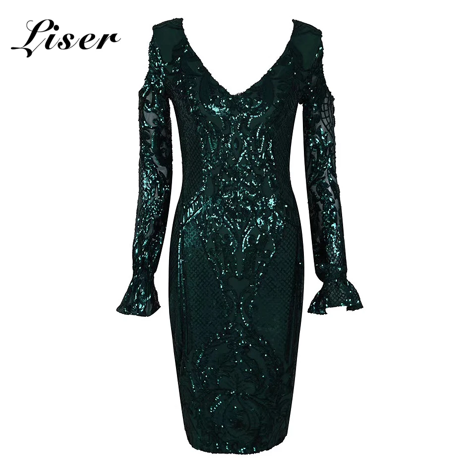 Liser новое летнее женское платье с v-образным вырезом сексуальное платье с блестками Bodycon Элегантные вечерние платья знаменитостей зеленые платья оптом