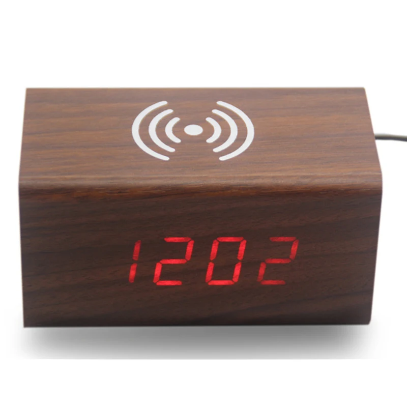 Wireless Led Wood Cube Clock Digital Desk Alarm Clock Wireless QI