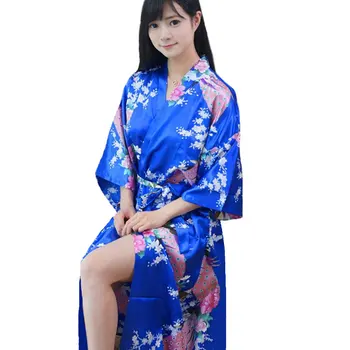 

Plus Size Fashion Ladies Summer Sexy Kimono Long Robe Bath Gown Blue Women's Rayon Yukata Nightgown Pijama Mujer Mds010