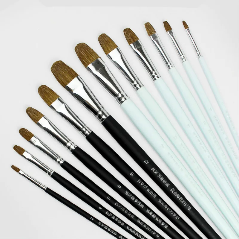 Koop 6 stks set Wezel Haar Nylon Haar Bristle Hair Houten Staaf Borstel Aquarel Gouache olieverf Penselen Set Art Supplies