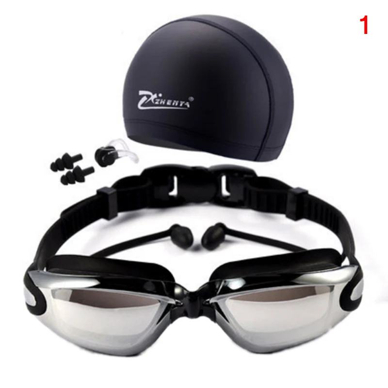 High Quality Swim Glasses Kit Coated Lens Anti Fog Swim Goggles Case Nose Clip Ear Plugs Men Women Swimming Caps Set