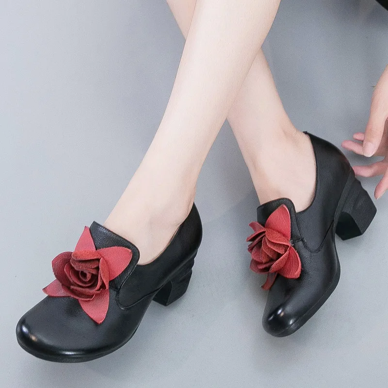 

high quality 2017 women spring autumn genuine leather medium thick heel shoes femal office big flower slip on pumps E931