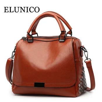 

ELUNICO New Women Brown Boston Handbag Spring 2020 Fashion Rivet Tote Bags Handbags Women Famous Brands Ladies Messenger Bag