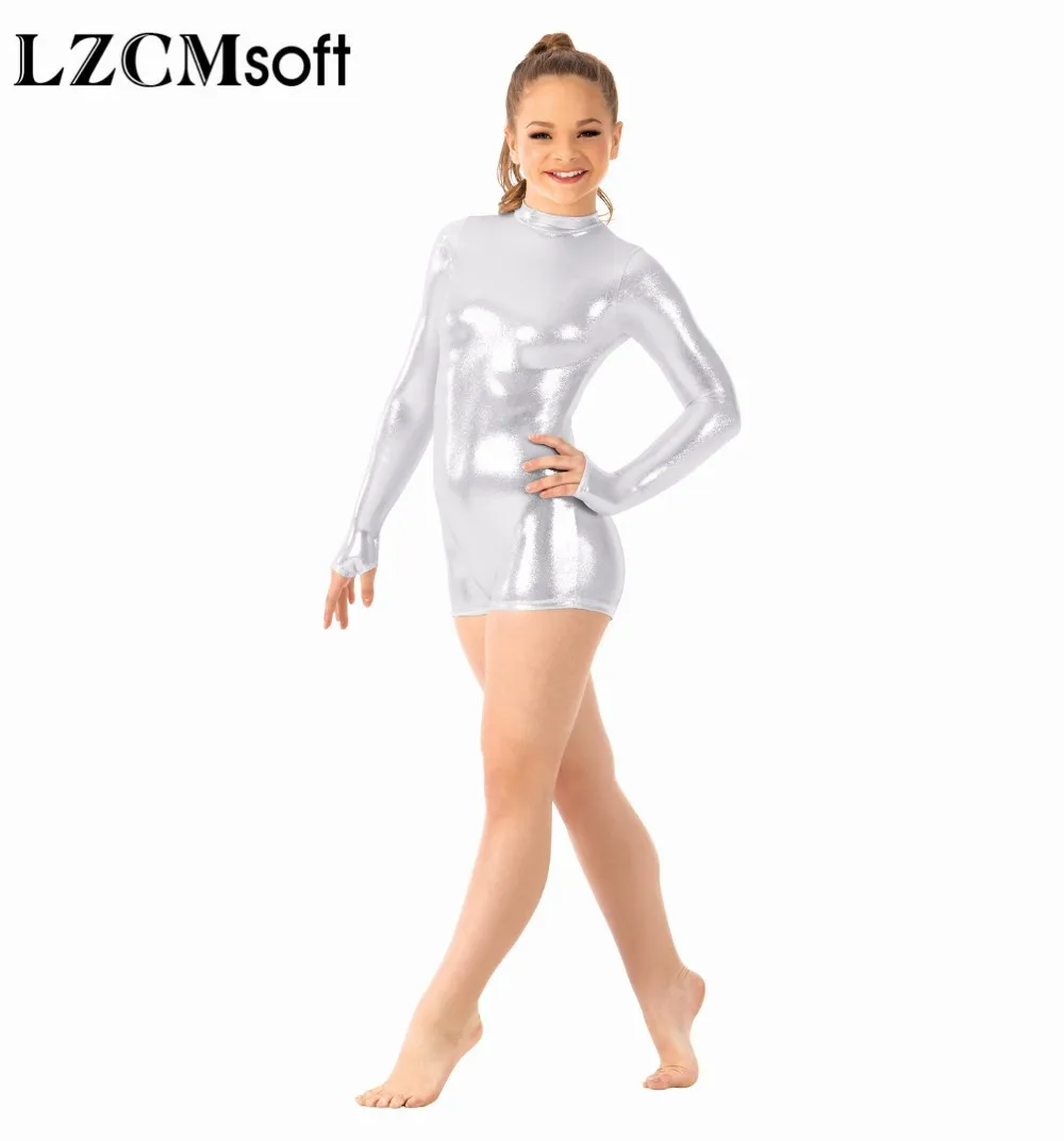 LZCMsoft/Детский костюм золотистого цвета с длинными рукавами, короткий комбинезон для девочек, блестящий металлический костюм для танцевальной команды, костюмы для выступлений, костюм с воротником