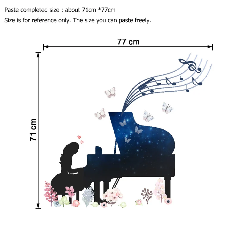 Голубая звезда фортепиано девушка стикер на стену бабочка цветок для дома украшение для детской комнаты спальня, детская комната фон Фреска Искусство Наклейки Стикер s