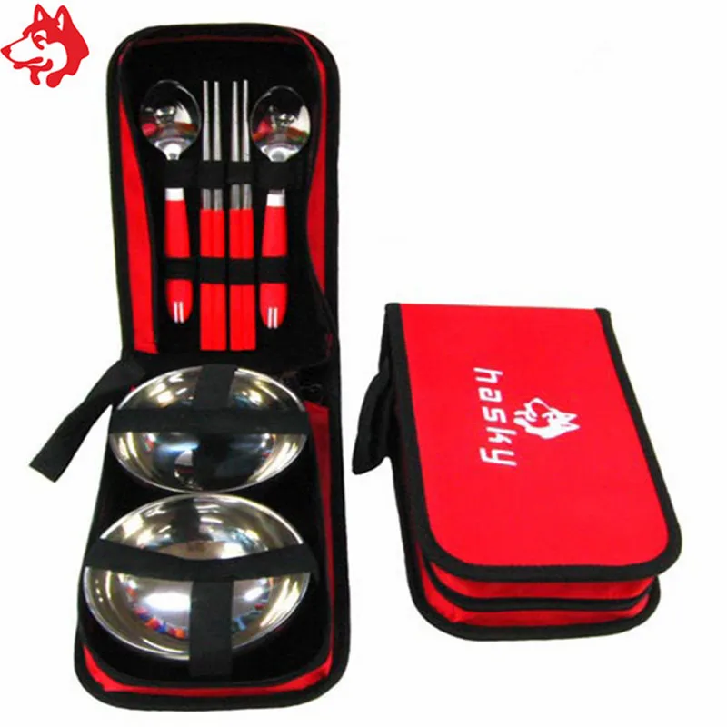 Outdoor 2 People Tableware Bag Portable Barbecue Camping Stainless Steel Bowl Chopsticks Spoon Suit Bag Lovers Tableware Set