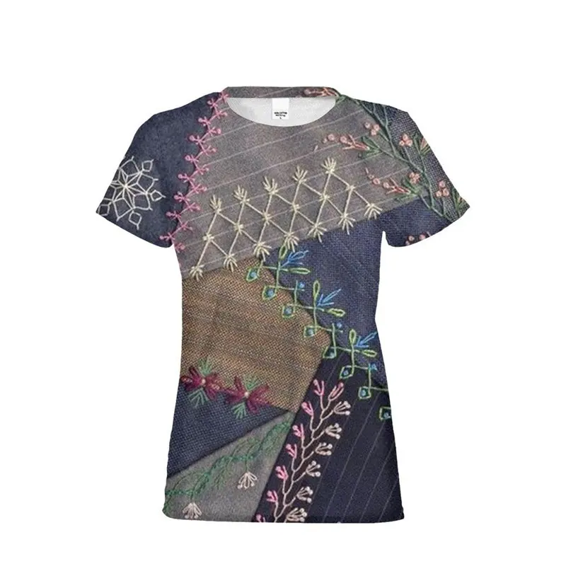 

Women T-Shirt Modis Harajuku Vintage Patch Fake Denim 3D Printing Top Tees Ladies Short Sleeves O-Neck Costume Casual Clothing