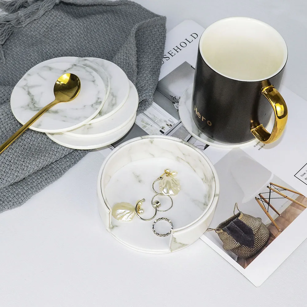 Creative PU Leather Marble Coaster Drink Coffee Cup Mat Tea Pad Dining Table Placemats Table Black