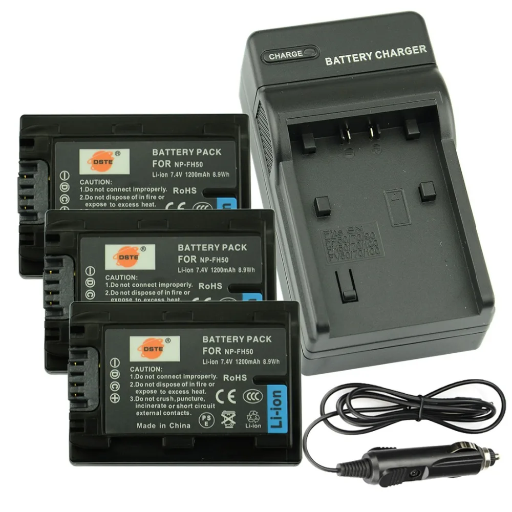DSTE 3PCS NP FH50 Rechargeable Battery + Travel and Car Charger for