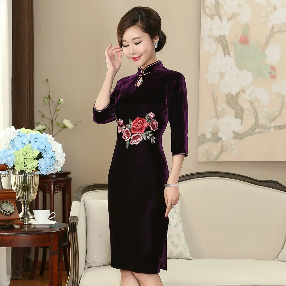 Традиционный китайский Вельветовое платье Для женщин фиолетовый cheongsam Размеры м до 3XL