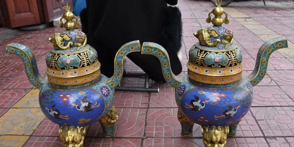 23&quot Cloisonne Bronze 24K Gold Gilt Elephant Bird Lion Incense Burner Censer Pair | Дом и сад