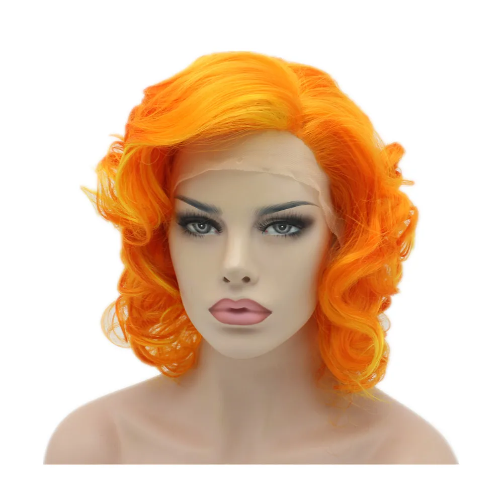 Cheap 10inch Short Orange Yellow Golden Color Wavy Synthetic Lace