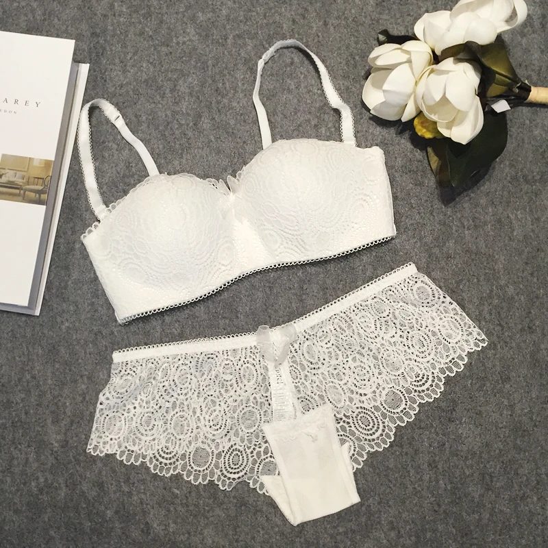 Sexy push up romantic lace wireless cup young girl bra set white tube