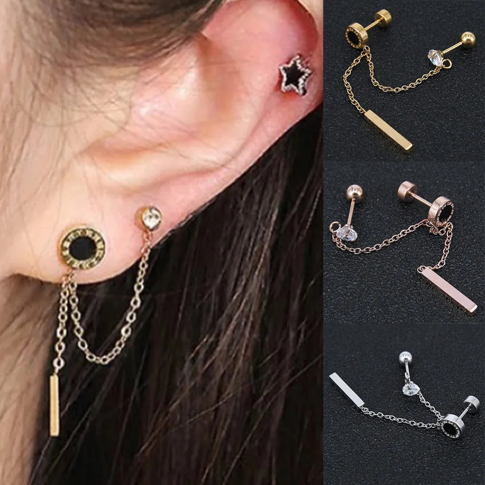 Trendy Style Rhinestone Tassel Chain Stud Ear Piercing Women Korean