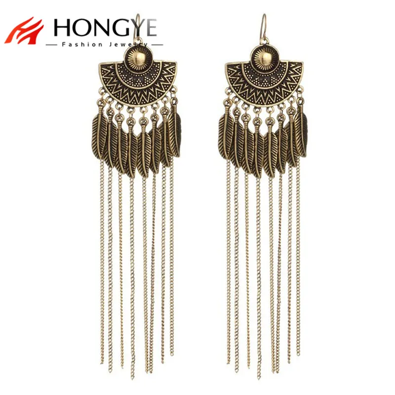 

2018 Vintage Feather Earrings Antique Gold Silver Plated Feather Leaves Chain Tassel Dangling Earrings Long Drop Earrings Femme