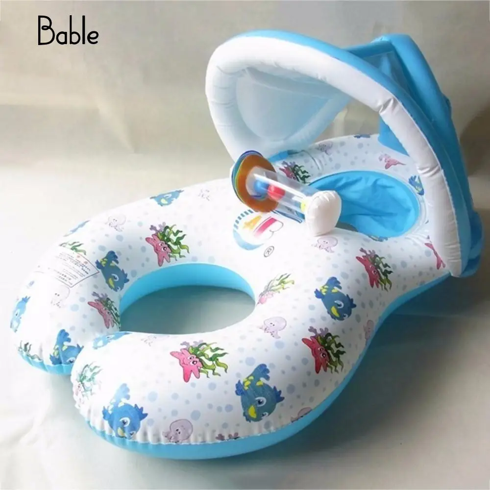 Baby Float Inflatable Swimming Ring With Sunshade Swimming Seat Pool Accessories Double Ring Design Fun Zwemband Baby Toy Blue