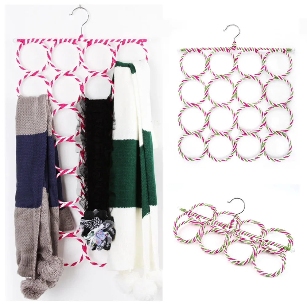 

2018 Multi-function Scarf Shawl Scarf Belt Tie Hanger Holder Organizer Storage 16 Ring Rope Slots hangers