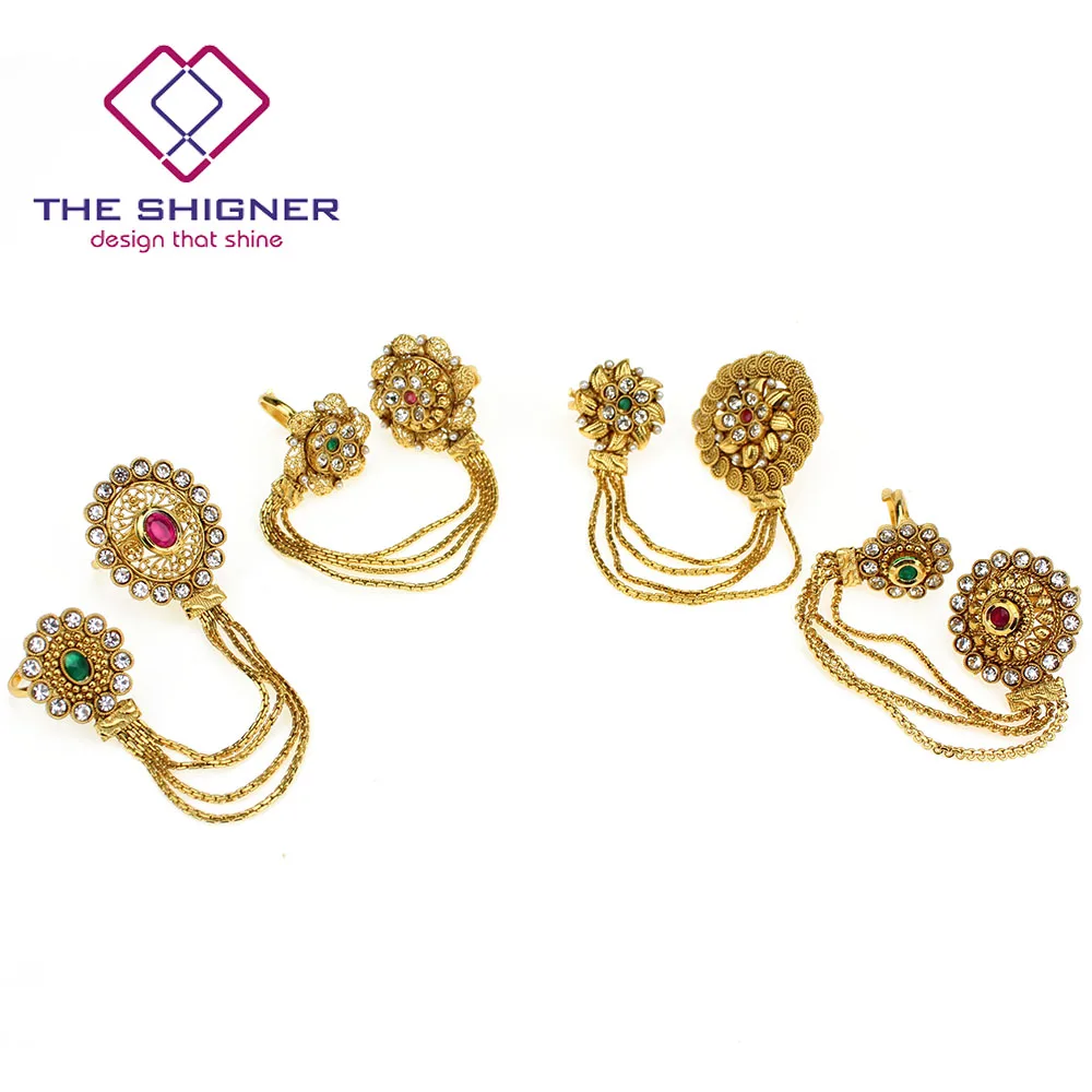 

THE SHIGNER Indian Traditional Crystal Stone Fashion Rings Double Ring with Chain Gold Tone Kundan Ring Partywear Jewelry