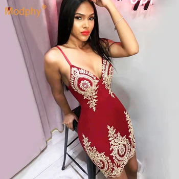 

Red black bandage dress 2019 new women's spaghetti dress sleeveless embroidery Bodycon party club pencil dress Vestidos