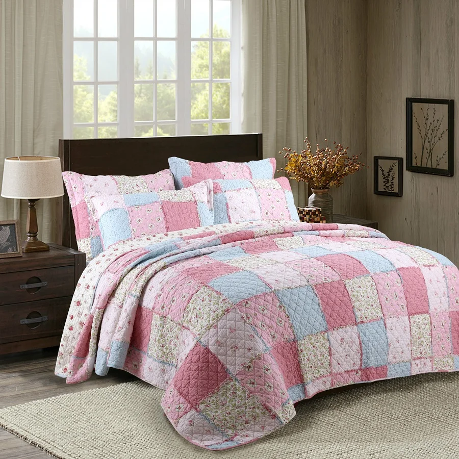 CHAUSUB Korea Cotton Patchwork Quilt Set 3PCS Floral Quilts Quilted Bedspread Bed Cover Sheets Pillowcase Coverlet King Size